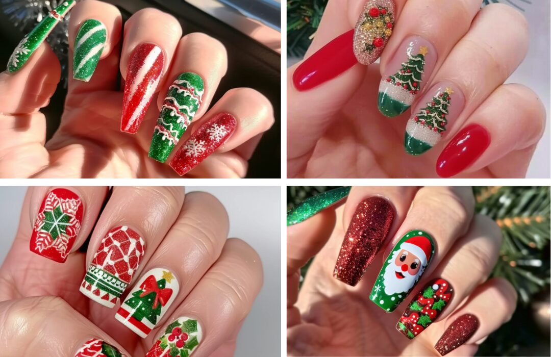 red and green christmas nails